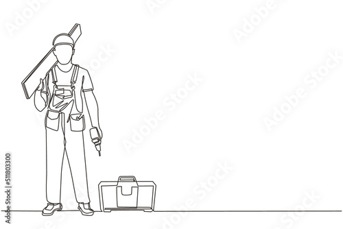 Single one line drawing timber frame house construction worker. Repairman standing with board, tool box, and drill. Building, construction, repair work services. Continuous line draw design vector