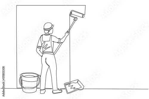 Single one line drawing man painting wall with roller. Vector concept illustration on home repair, renovation, freshen up. Male painter professional at work. Modern continuous line draw design graphic