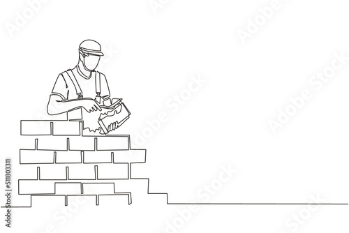 Continuous one line drawing repairman building brick wall. Construction worker in uniform and helmet doing work. Builder concept. Repair work services. Single line design vector graphic illustration