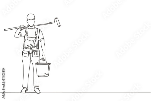 Single one line drawing painter with bucket of paint and paint roller. Professional repairman in overalls on the background of apartment renovation. Modern continuous line draw design graphic vector photo