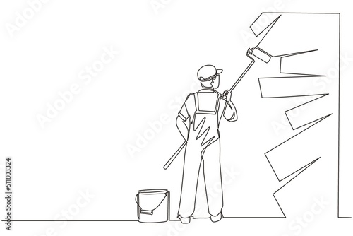 Continuous one line drawing painter decorator repairman people at work. Man repair worker holding paintbrush roller, painting house apartment wall, home renovation. Single line draw design vector