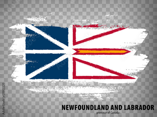 Flag of  Newfoundland and Labrador from brush strokes. Canada.  Flag  Province Newfoundland and Labrador with title on transparent background for your web site design, app, UI.  Vector illustration. E