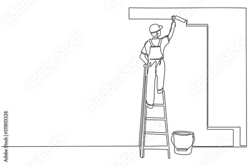 Single one line drawing painter standing on staircase paints wall. Man is holding paint roller in hand. Human runs to provide construction work. Worker in uniform. Continuous line draw design vector