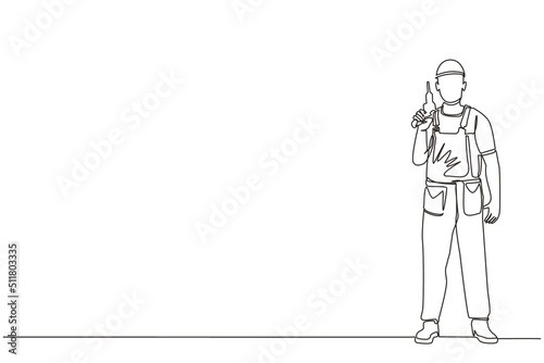 Single continuous line drawing man worker holding electric drill tool for repair. Builder in uniform. Handyman in overalls. Repairman with instrument. One line draw graphic design vector illuatration