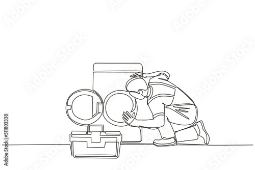 Single continuous line drawing professional repairman fixing washing machine at home. Plumbing specialist with toolbox fixing, repairing washer, washing machine. One line draw graphic design vector