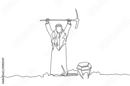 Single continuous line drawing Arabic businessman in hole prancing happily while lifting pickaxe with both hands and finding diamond or precious stone. One line draw graphic design vector illustration