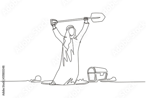 Single one line drawing Arabian businessman in hole prancing happily while lifting shovel with both hands and finding treasure chest. Lucky rich man. Continuous line design graphic vector illustration