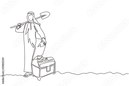 Single continuous line drawing Arab businessman digging ground with shovel and finding treasure chest. Success business, achievement, and discovery concept. Dynamic one line draw graphic design vector