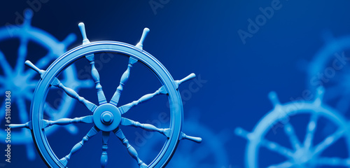 Fototapet Ship steering wheels, commonly known as helm, on a blue background