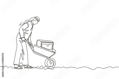 Single continuous line drawing Arabian businessman pushing cart with treasure chest. Wheelbarrow with golds, jewelry, treasures. Business and finance concept. One line draw design vector illustration