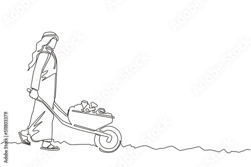 Single one line drawing happy Arabian businessman pushing cart full of diamonds. Wheelbarrow with golds, jewelry, precious stone. Business, finance concept. Continuous line draw graphic design vector