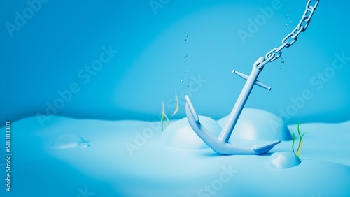 Rusty steel anchor on a blue background. 3D rendering, illustration photo