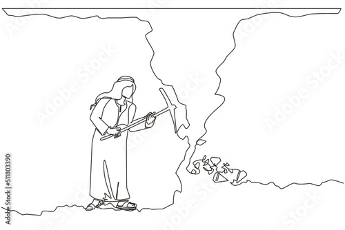 Single continuous line drawing Arabian businessman digging with pickaxe to get diamond. Worker digging and mining for diamond in an underground tunnel. One line draw graphic design vector illustration