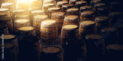 Wooden wine barrels on a dark background. 3D Rendering, illustration.
