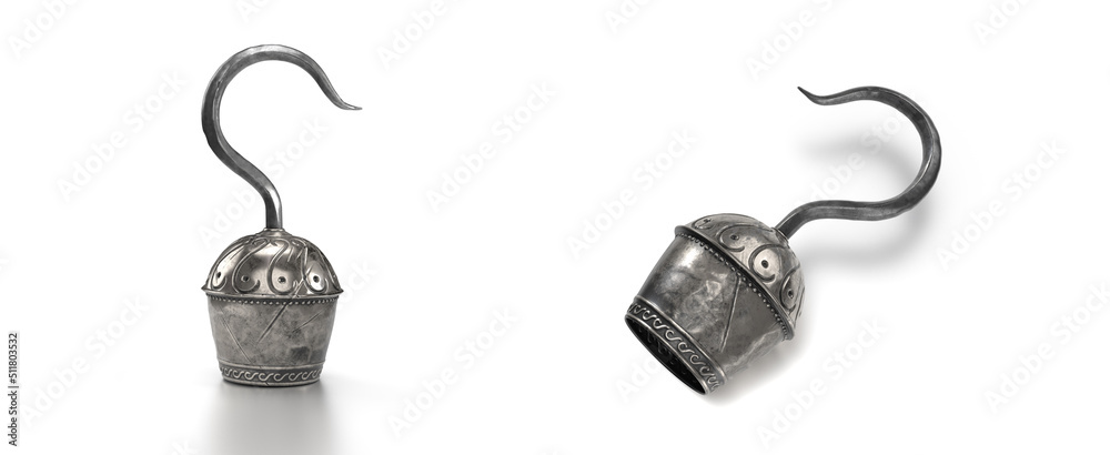 Fototapeta premium 3D rendering / illustration of a pirate's hook in different angles isolated on white.