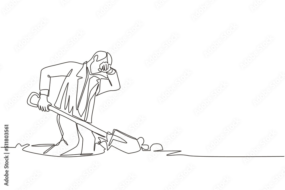 Obraz premium Single continuous line drawing businessman wipes sweat on his forehead while digging hole. Worker never give up to finish his job. Work hard concept. One line draw graphic design vector illustration