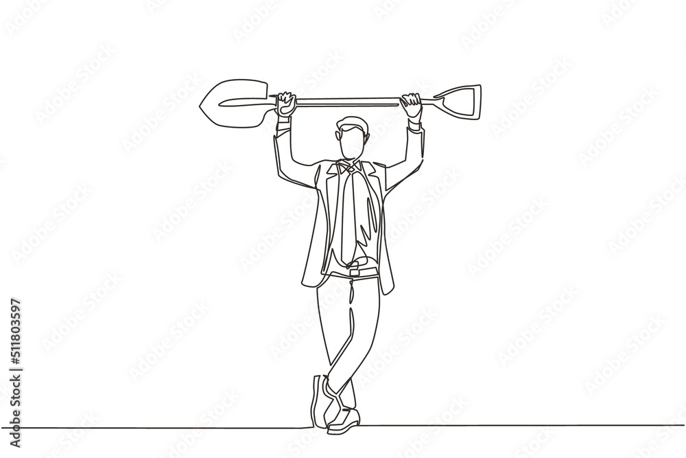Continuous one line drawing businessman standing and lifting big shovel. Business concept. Depicts hard work, success, achievement, and discovery. Single line draw design vector graphic illustration