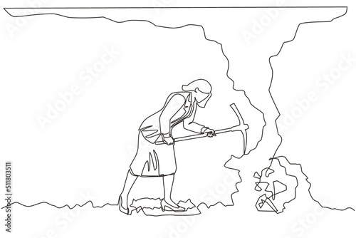 Single continuous line drawing businesswoman digging with pickaxe to get diamond. Worker digging and mining for diamond in an underground tunnel. Dynamic one line graphic design vector illustration