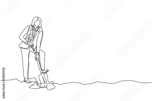 Single continuous line drawing businesswoman digging in dirt using shovel. Woman in blazer dig ground with spade. Business metaphor. Hard working process. One line graphic design vector illustration