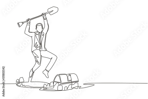 Single continuous line drawing businessman in hole prancing happily while lifting shovel with both hands and finding treasure chest. Lucky rich man. Dynamic one line graphic design vector illustration
