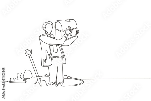 Continuous one line drawing happy man hunter seeker hold chest find treasure in ground. Excited businessman with gem artefact. Treasure gold hunting. Single line design vector graphic illustration