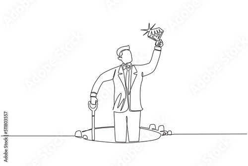 Single one line drawing happy businessman hold and find diamond from ground. Excited treasure seeker with precious stone in hand. Treasure gold hunting. Continuous line draw design vector illustration