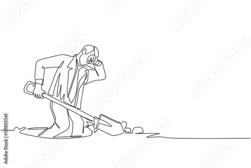 Single continuous line drawing businessman wipes sweat on his forehead while digging hole. Worker never give up to finish his job. Work hard concept. One line draw graphic design vector illustration