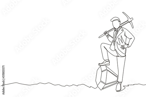 Single one line drawing businessman digging ground with pickaxe and finding big diamond. Success business, achievement, and discovery concept. Continuous line draw design graphic vector illustration