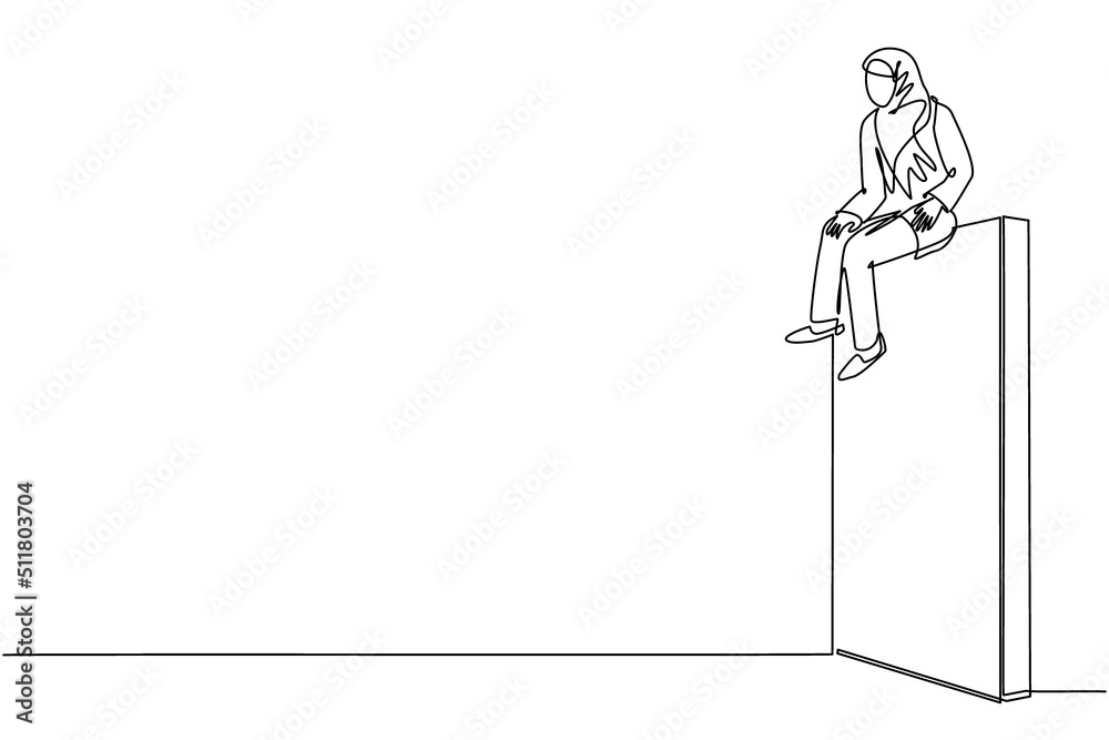 Single one line drawing Arabic businesswoman sad sitting on wall thinking of profit loss, crisis and financial losses in trading market. Evaluation business concept. Continuous line draw design vector Single one line drawing Arabic businesswoman sad sitting on wall thinking of profit loss, crisis and financial losses in trading market. Evaluation business concept. Continuous line draw design vector