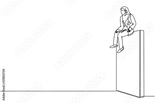 Single one line drawing Arabic businesswoman sad sitting on wall thinking of profit loss, crisis and financial losses in trading market. Evaluation business concept. Continuous line draw design vector