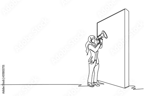 Continuous one line drawing Arabian businesswoman holding megaphone standing in front of wall. Woman shouts on megaphone. Leader announces career promotion. Single line draw design vector illustration
