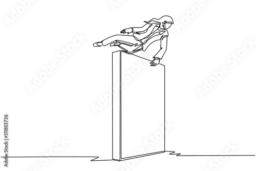 Continuous one line drawing Arabian businesswoman jumps over wall, outside comfort zone to get new experience, fun and excited. Life begins when trying different things. Single line draw design vector