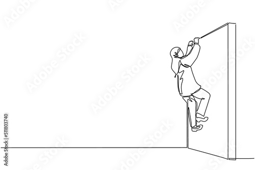 Single continuous line drawing Arab businesswoman climb obstacle wall, solve the problem. Business concept, team metaphor. Successful leader businesswoman. Dynamic one line draw graphic design vector