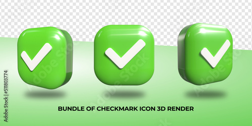 3D render check mark symbol icon green, transparent, PNG