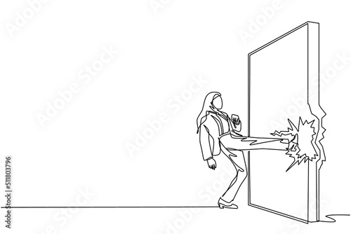 Continuous one line drawing Arab businesswoman doing kung fu or karate kick to destroy brick wall. Business concept of obstacle, solution. Obstruction ruined with force. Single line draw design vector © Simple Line