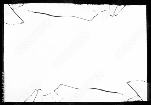 Broken window with shuttered glass. Detail of frame. abandoned building. illustration. isolated on white background. sharp splinters. photo
