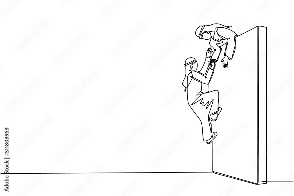 Single continuous line drawing Arab businessman helping another businessman climb wall. Confident successful leading businessman helping another one to get over brick wall. One line draw design vector Single continuous line drawing Arab businessman helping another businessman climb wall. Confident successful leading businessman helping another one to get over brick wall. One line draw design vector