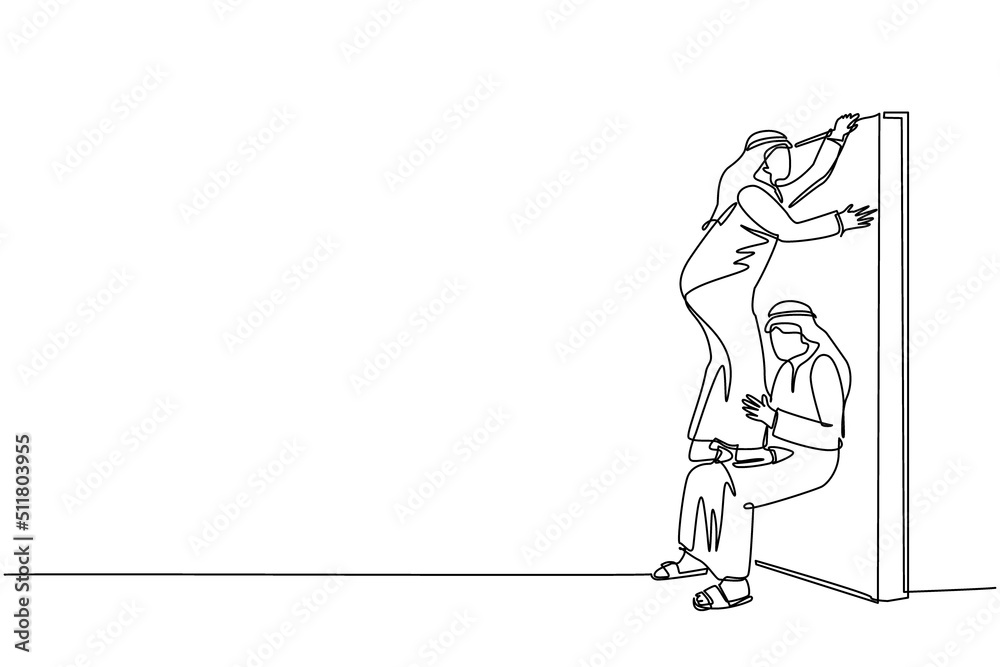 Single one line drawing Arabic businessman helping to lift another businessman over brick wall. Help, assistance and team concept. Business metaphor. Continuous line design graphic vector illustration Single one line drawing Arabic businessman helping to lift another businessman over brick wall. Help, assistance and team concept. Business metaphor. Continuous line design graphic vector illustration