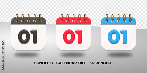 3d transparent calendar date 01 for meeting schedule, event schedule, vacation, work, school color black, red, blue