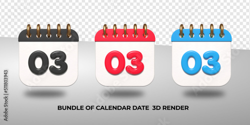 3d transparent calendar date 03 for meeting schedule, event schedule, vacation, work, school color black, red, blue
