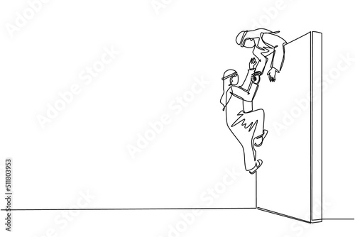 Single continuous line drawing Arab businessman helping another businessman climb wall. Confident successful leading businessman helping another one to get over brick wall. One line draw design vector
