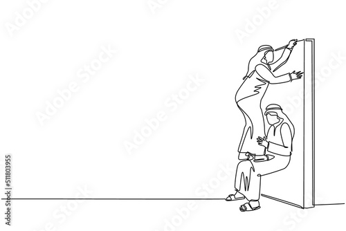 Single one line drawing Arabic businessman helping to lift another businessman over brick wall. Help, assistance and team concept. Business metaphor. Continuous line design graphic vector illustration