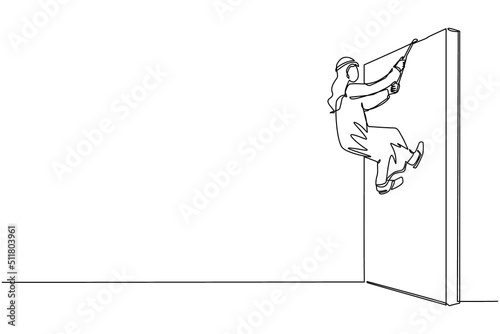 Continuous one line drawing business determination concept with Arabian businessman climbing over wall with rope. Ambition, motivation, career growth, success, strength. Single line draw design vector