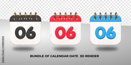 3d transparent calendar date 06 for meeting schedule, event schedule, vacation, work, school color black, red, blue