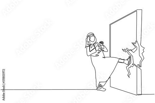 Single continuous line drawing Arab businessman doing kungfu or karate kick to destroy brick wall. Business concept of obstacle and solution. Obstruction ruined with force. One line draw design vector