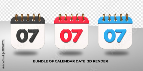 3d transparent calendar date 07 for meeting schedule, event schedule, vacation, work, school color black, red, blue