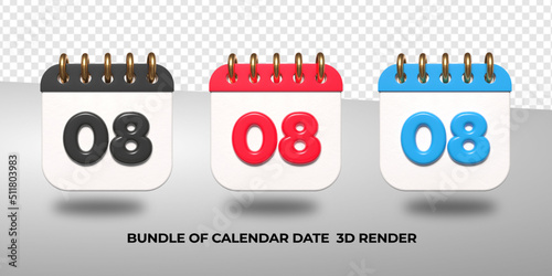 3d transparent calendar date 08 for meeting schedule, event schedule, vacation, work, school color black, red, blue