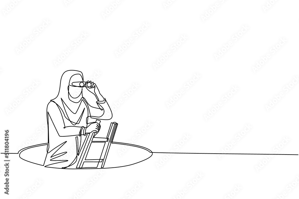 Continuous one line drawing Arab businesswoman climbs out of hole by ladder and using binocular. Business vision and solution concept. Symbol of challenge. Single line draw design vector illustration