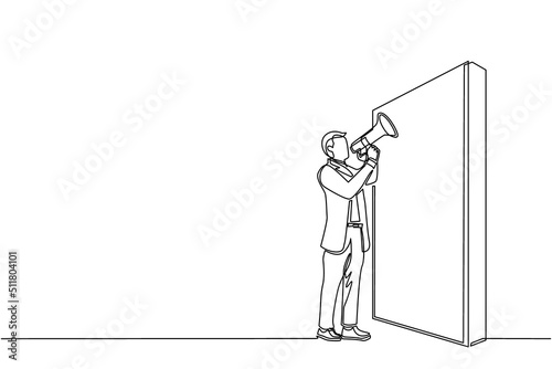 Continuous one line drawing businessman holding megaphone standing in front of wall. Man shouts on megaphone. Leader announces career promotions. Single line draw design vector graphic illustration