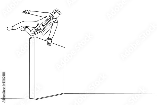 Single one line drawing businessman jumps over wall, outside comfort zone to get new experience, fun and excited. Life begins when trying different things. Continuous line draw design graphic vector